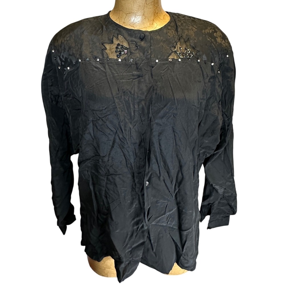 Magnolia Vintage Black 100% Silk Leather Patch Beaded Blouse Top Size 14